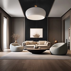 Wohnzimmer mit schwarzen Akustikpaneelen und Lederelementen an der Wand.