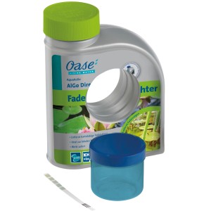 AquaActiv AlGo Direct Fadenalgenvernichter 500ml mit Teststreifen und Dosierbehälter für die Teichpflege.