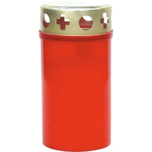 Rote Grabkerze Tagebrenner Nr. 3 mit goldenem Deckel und Kreuz-Motiv.