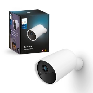 Weiße kabellose Philips Hue Secure Kamera mit Verpackung für Innen- und Außenbereich.