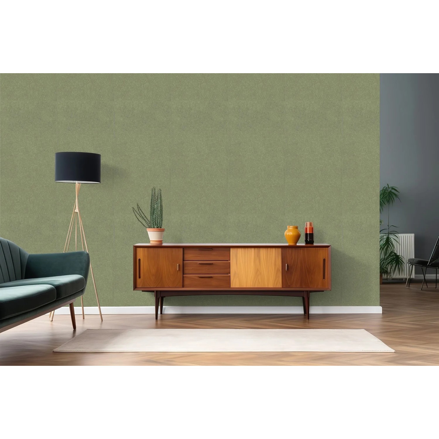 Sage Green Dekor-Paneele aus Filz an einer Wand im modernen Wohnzimmer. Akustik-Wandpaneel für stilvolle Gestaltung.