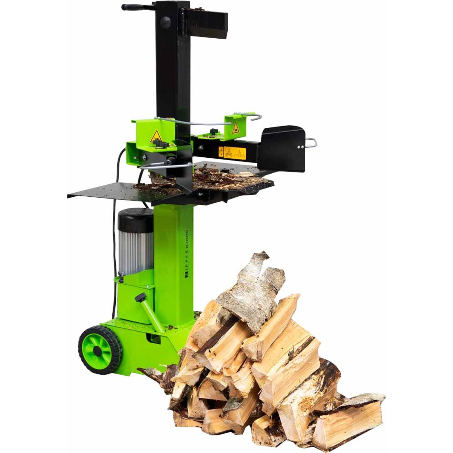 Zipper Holzspalter HS8TN: Vertikaler Holzspalter in Grün/Schwarz mit Holzscheiten.