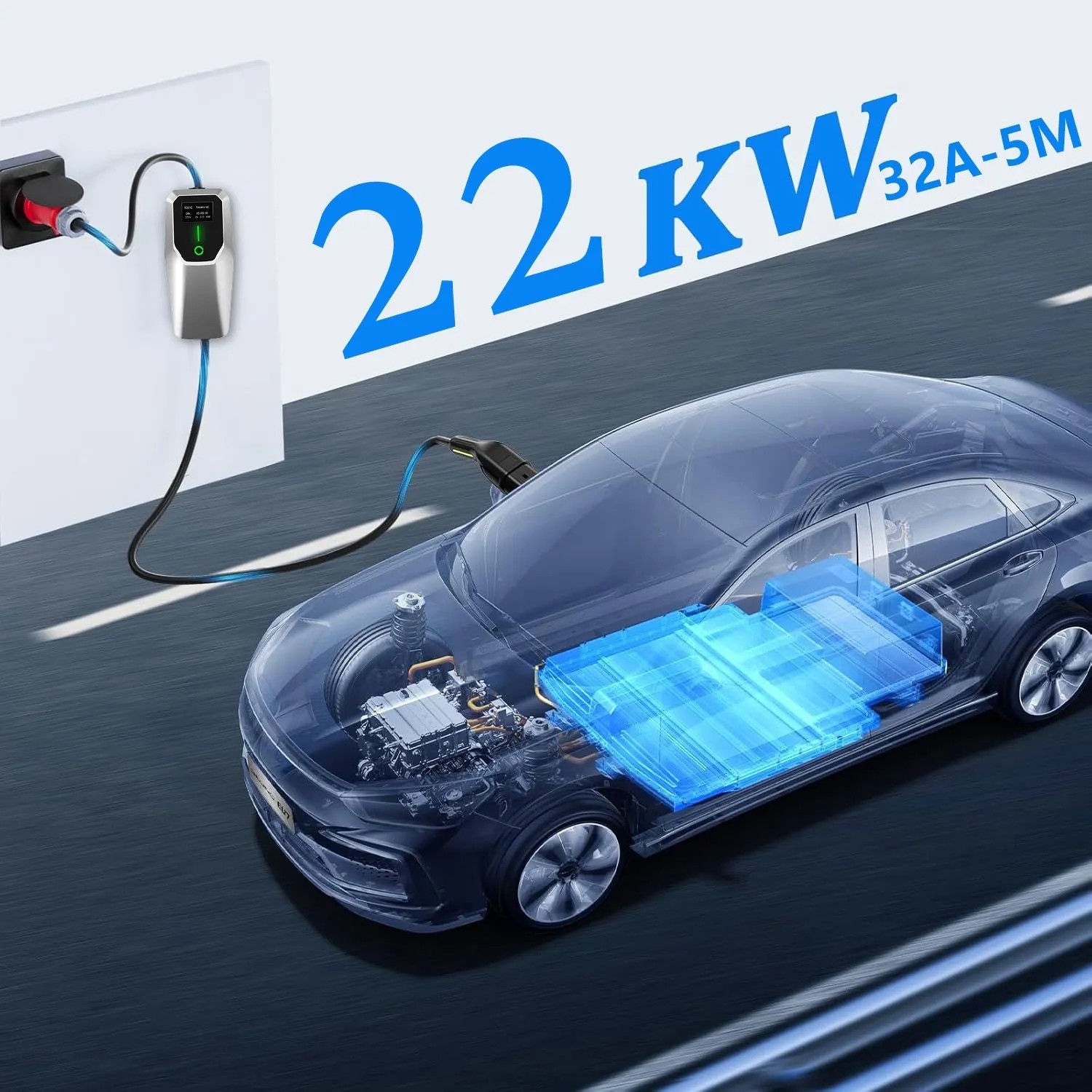 Junsun EV Ladegerät 22 kW mit 5m Kabel lädt ein Elektroauto. Typ 2 Ladekabel mit Display an Steckdose.