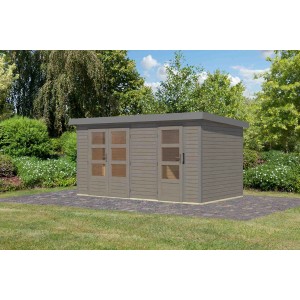Karibu Gartenhaus Alfredo D, wassergrau/graualuminium, 209x400x213 cm. Holz-Gartenhaus mit Doppeltür und Einzeltür.