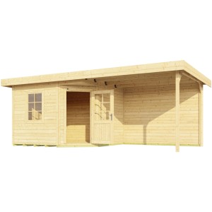Helles Weka Gartenhaus San Remo mit Terrasse und Fenster, naturbelassenes Holz.
