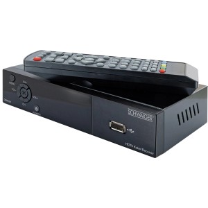 Schwaiger Receiver DVB-C Full HD mit Fernbedienung, schwarzes Gehäuse.
