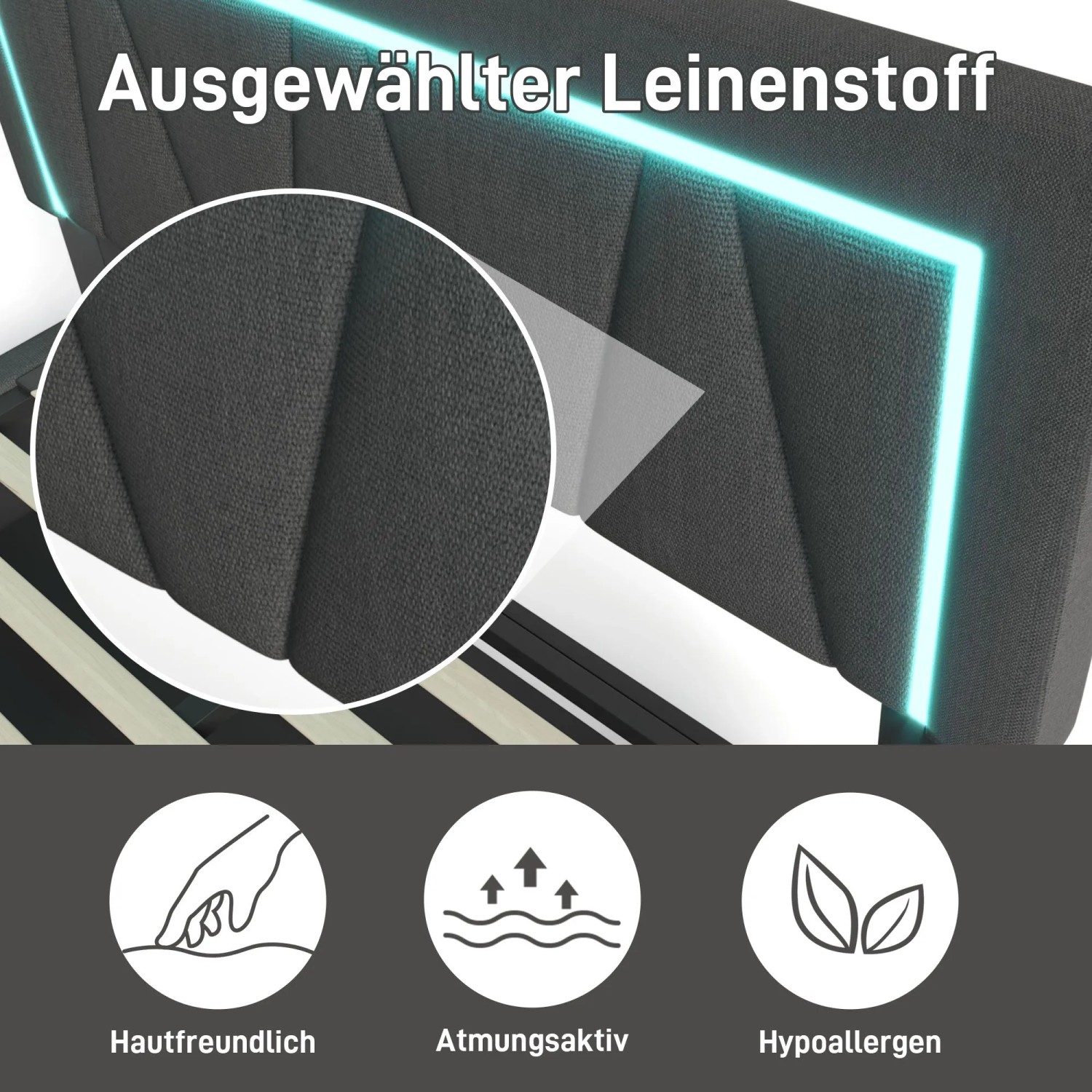 okwish Polsterbett 140x200cm mit LED USB C Stauraum Jugendzimmer Grau ohne Matratze_8