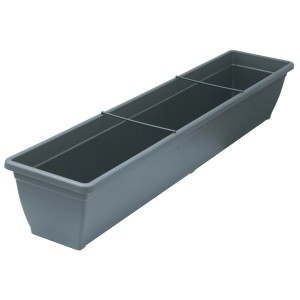 Anthrazitfarbener Geli Blumenkasten Toscana, ca. 100 cm lang, aus Kunststoff mit Verstrebung.