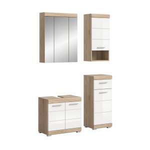 4-teilige Badkombination in Sonoma-Weiß: Waschbecken-, Spiegel-, Hänge- und Standschrank für mehr Stauraum.