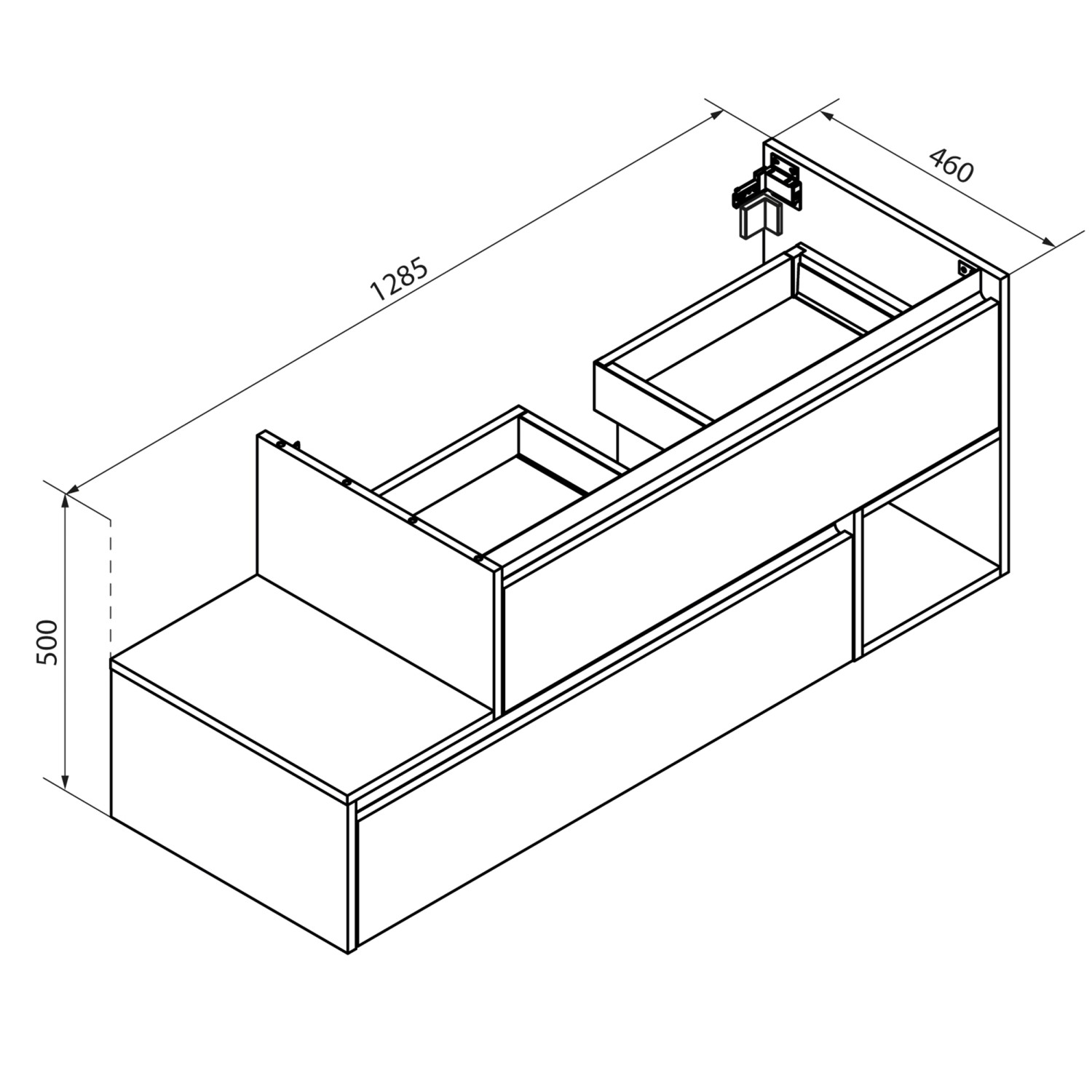 Skizze des Fackelmann Waschbeckenunterschranks Vita, 128,5x50x46 cm, Eiche/Weiß, mit Maßen.