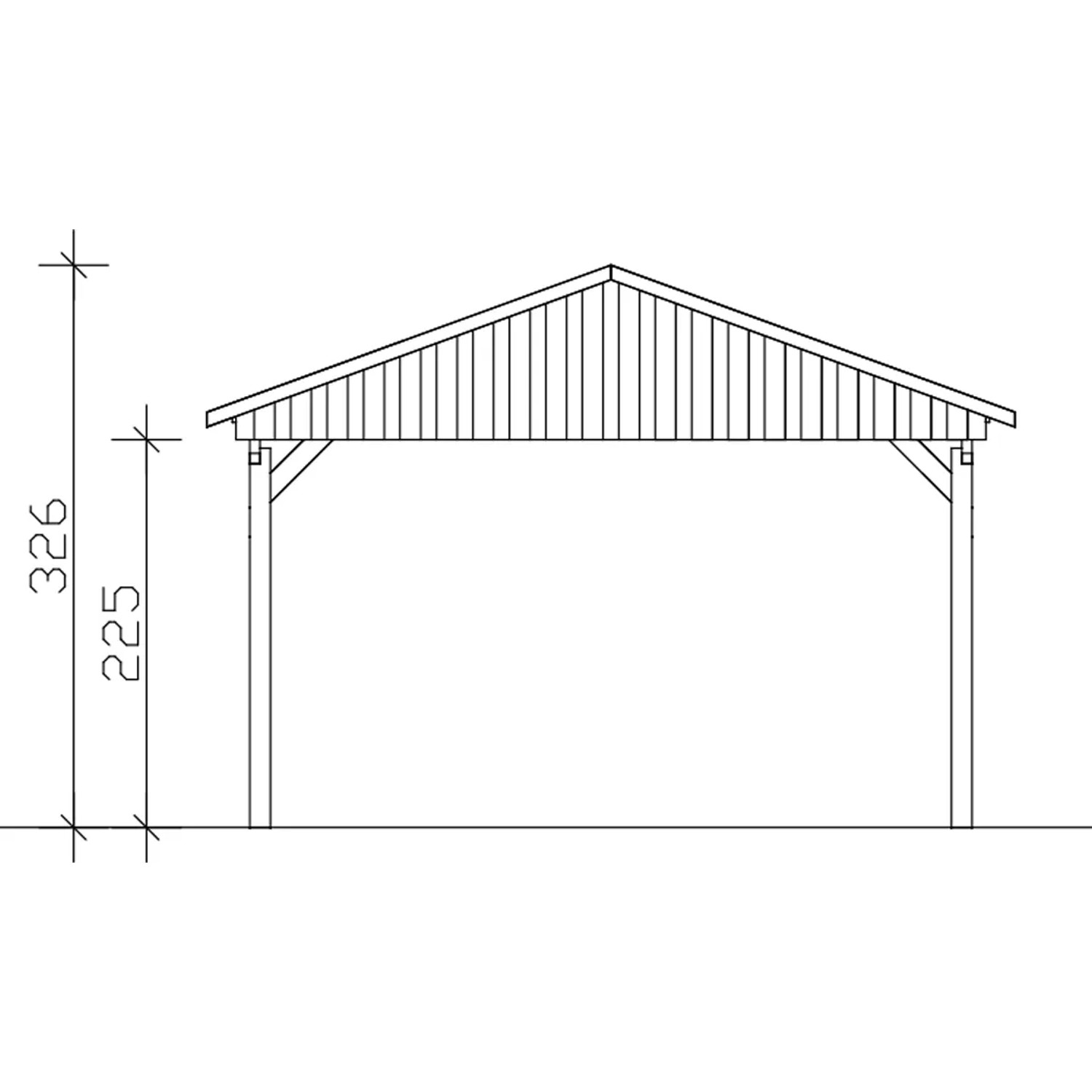Technische Zeichnung: Skan Holz Carport Fichtelberg, 423x566 cm, Nussbaum, mit Maßangaben.