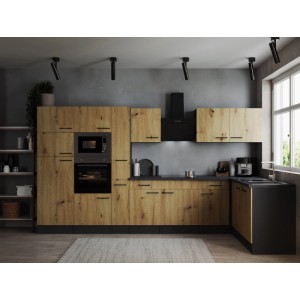 Respekta Winkelküche Oliver 370 cm in Artisan Eiche mit Elektrogeräten und schwarzer Arbeitsplatte.