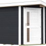 Modernes, anthrazitfarbenes Weka Holz-Gartenhaus mit Flachdach und weißer Tür mit Glaseinsatz.