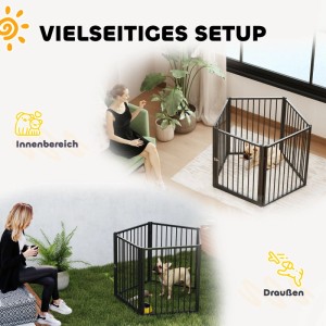PawHut Welpenauslauf aus schwarzem Stahl, flexibel drinnen & draußen nutzbar, mit Hund im Garten und Haus.