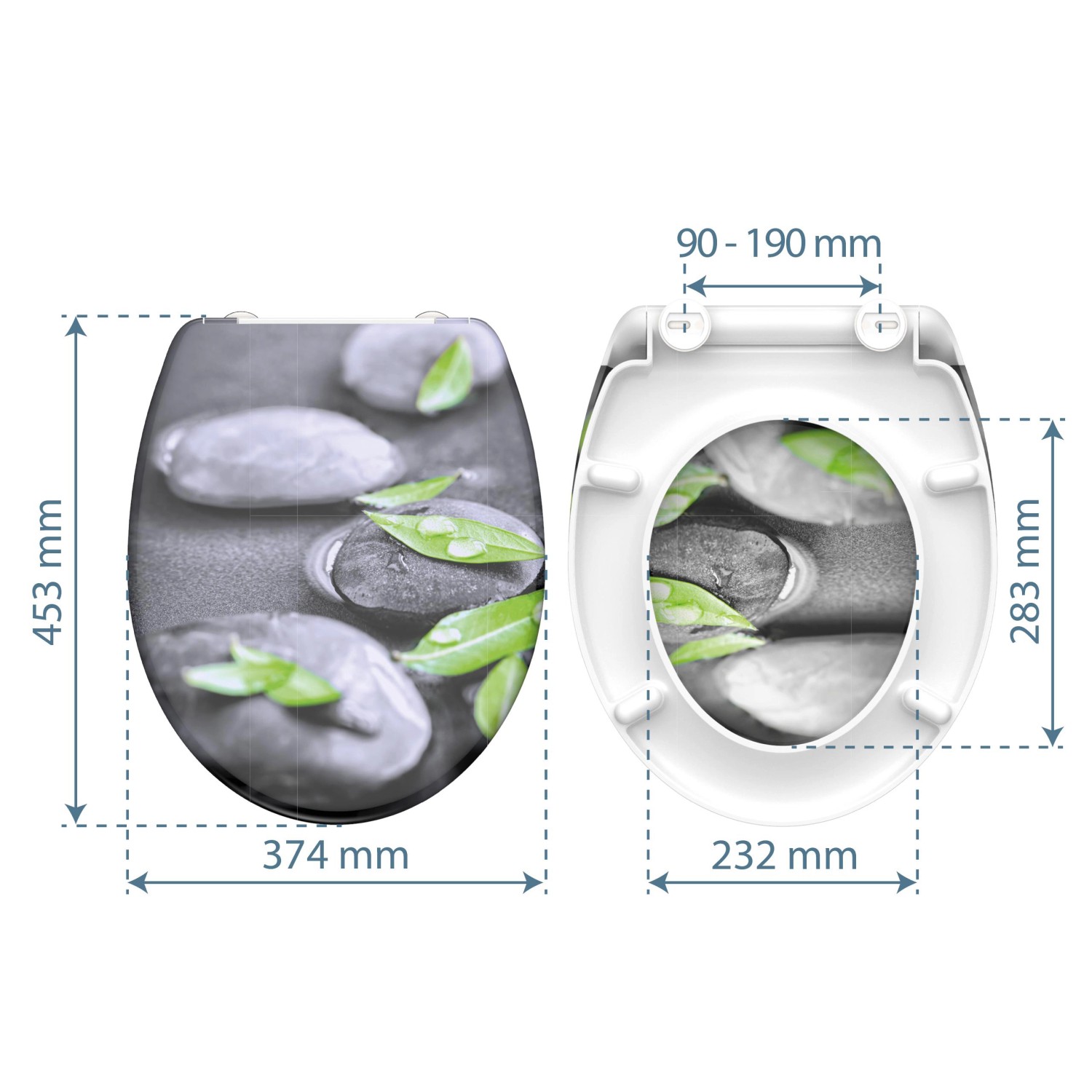 Schütte WC-Sitz Duroplast Stone mit Absenkautomatik und Schnellverschluss, Maße dargestellt.