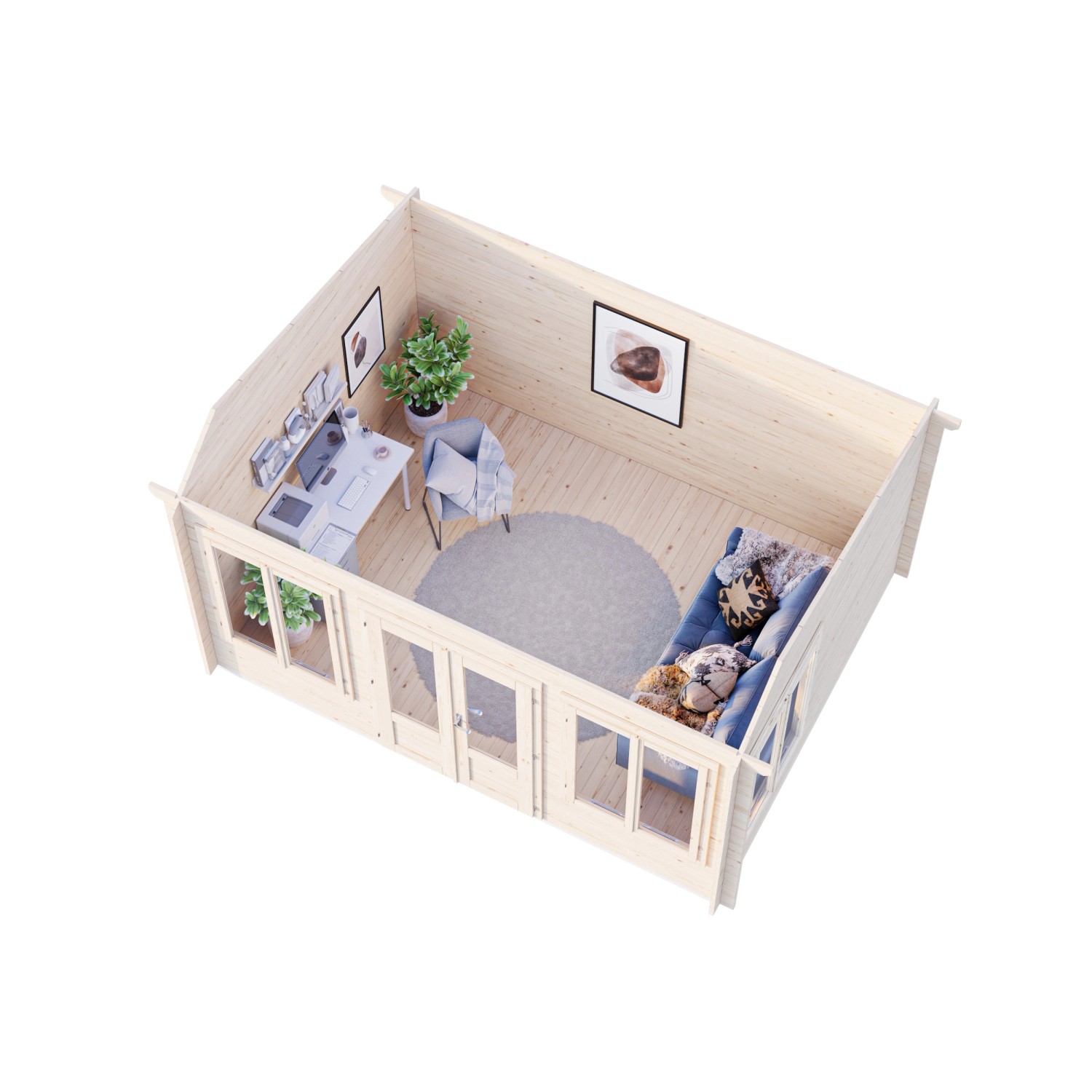 Palmako Gartenhaus Claudia Pent, 400x300 cm, hellbraun, mit Fenster und Doppeltür, eingerichtet als Büro und Wohnzimmer.