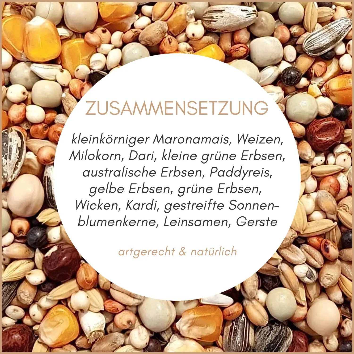 Supravit Reise Taubenfutter: Nahaufnahme einer Körnermischung mit Text zur Zusammensetzung.