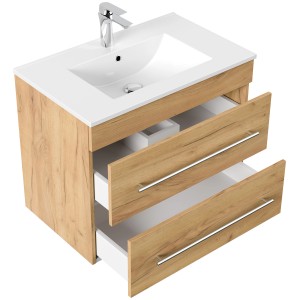 Posseik Badmöbel Artemis 750 Eiche Gold mit Waschbecken und zwei Schubladen.