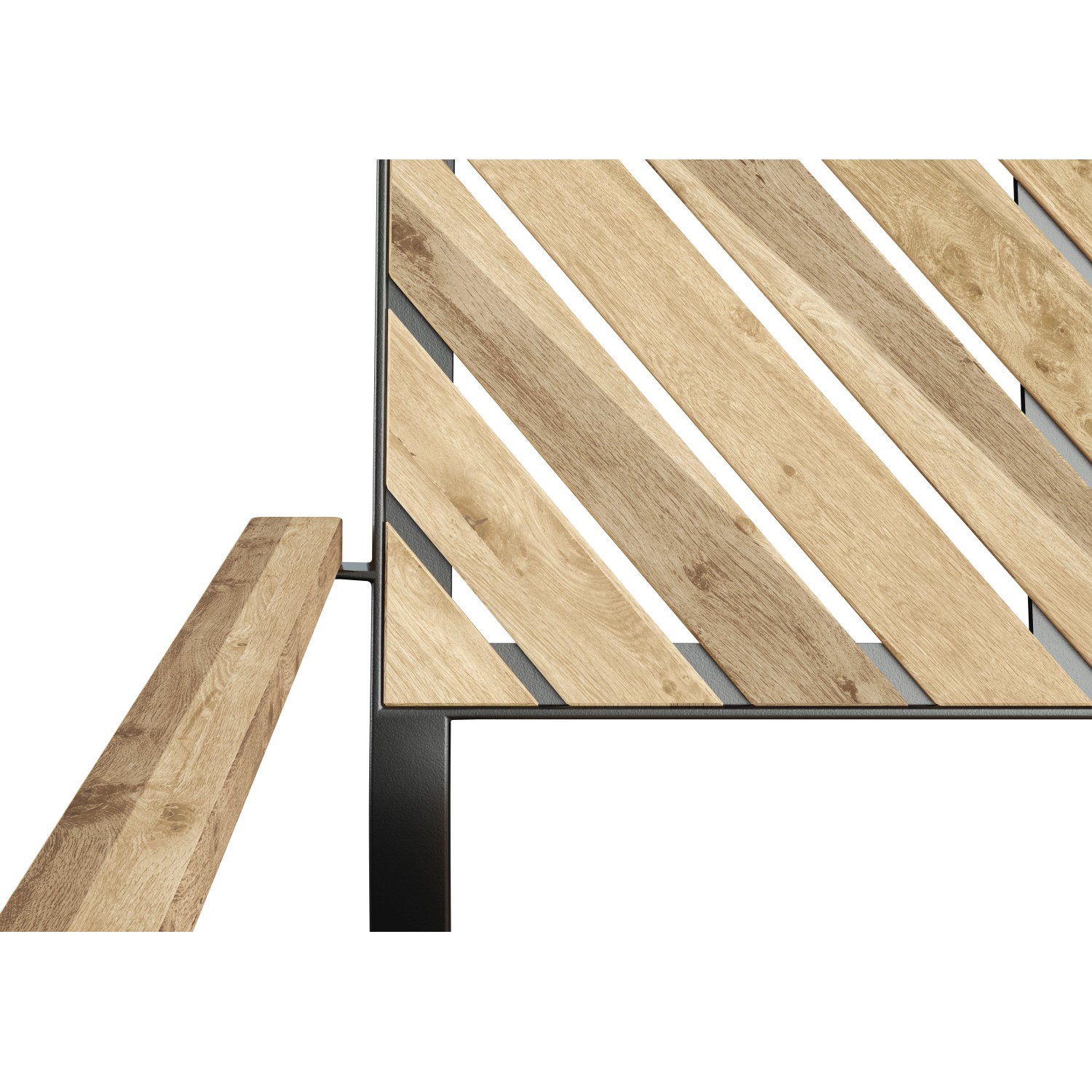 Detailansicht Gartensessel Ovando mit Armlehnen aus Akazienholz und Stahlrahmen.