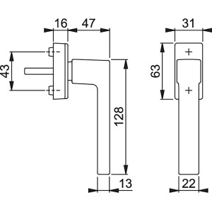 Technische Zeichnung: Hoppe Dreh-Kipp-Fenstergriff Austin, Aluminium silber, Maße und Details.