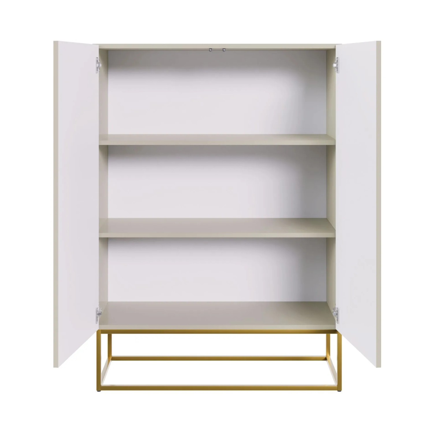 Selsey Highboard Veldio, greige, mit offenen Türen, drei Fächern und goldenen Beinen. Moderne Kommode für Stauraum.