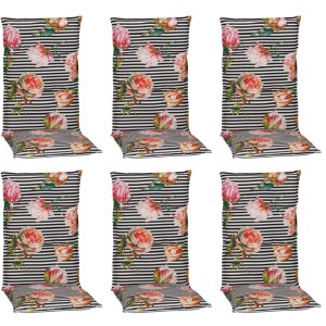 6er Set Beo Toronto Hochlehner Auflagen mit Blumenmuster auf schwarz-weißen Streifen.