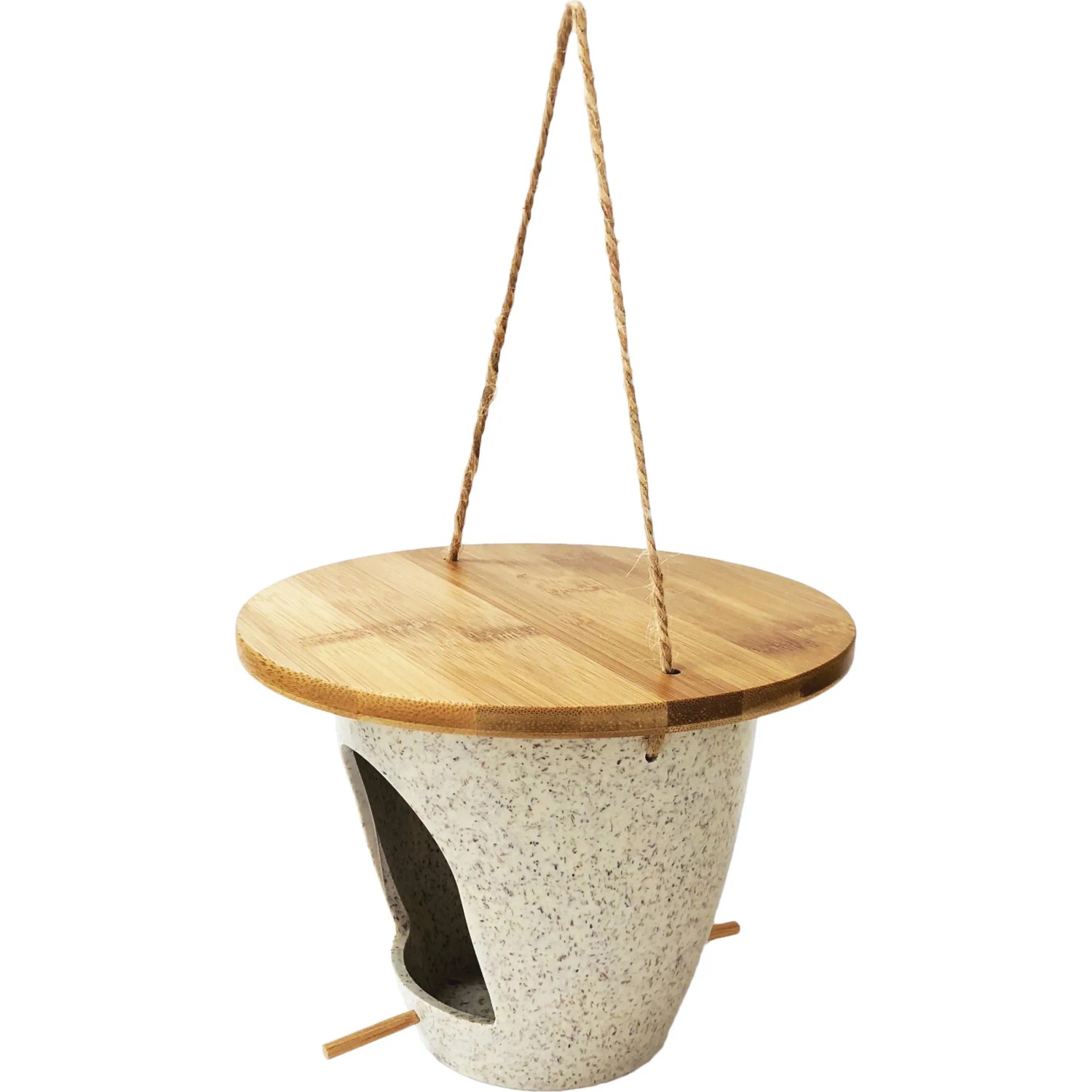 Dobar Vogelfutterspender Eco aus Pflanzenfasern mit Bambusdeckel und Hanfseil zum Aufhängen.