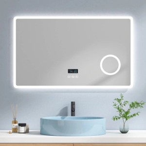 Rechteckiger Emke Badspiegel mit LED-Randbeleuchtung, digitaler Anzeige, Bluetooth, 3x Vergrößerung und Touch-Bedienung.