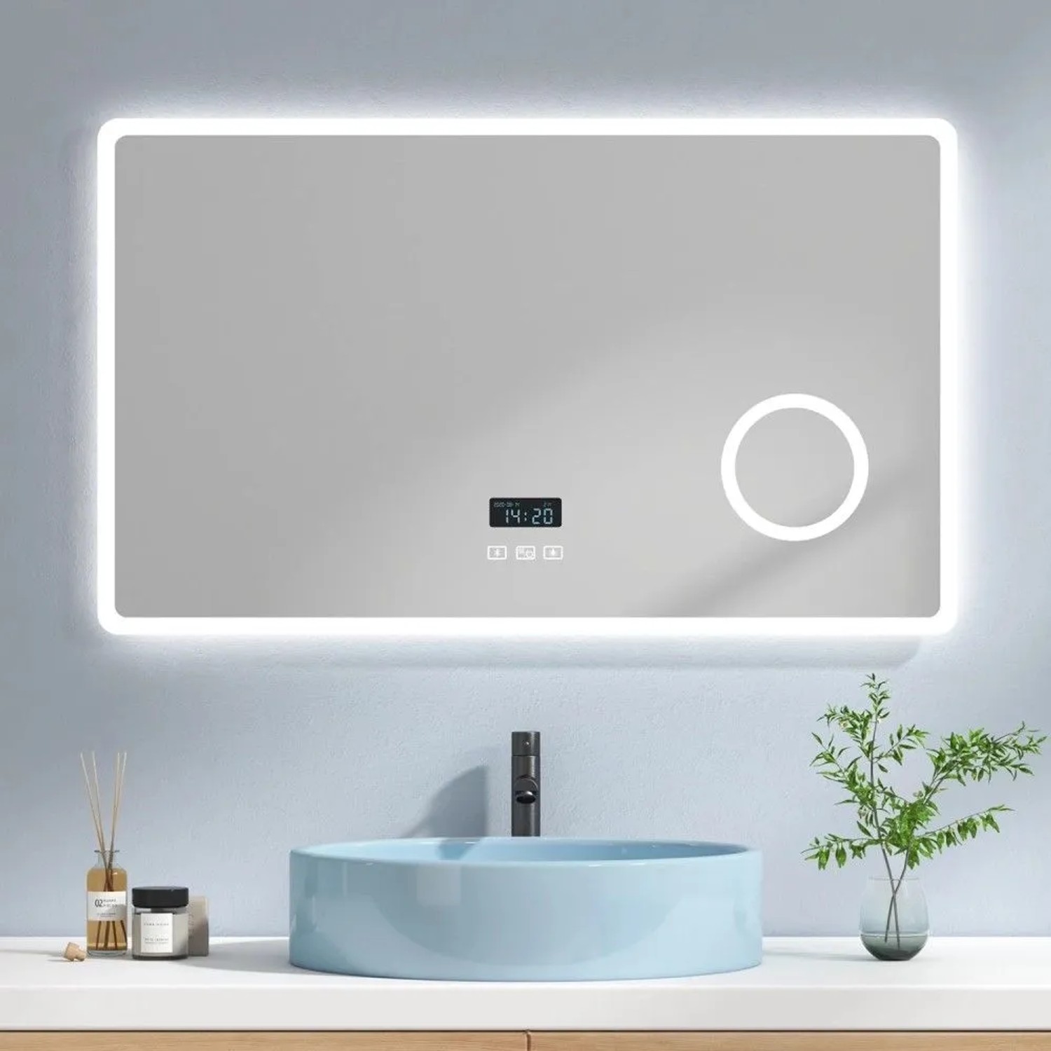 Rechteckiger Emke Badspiegel 100x60 cm mit LED-Beleuchtung, 3x Vergrößerung, Bluetooth, Zeit- und Temperaturanzeige.