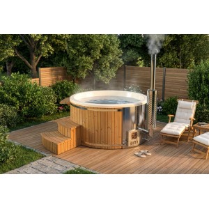 Finntherm Holz Badefass Stockholm Thermoholz, Ø 180 cm mit VA-Ofen und Treppe im Garten.
