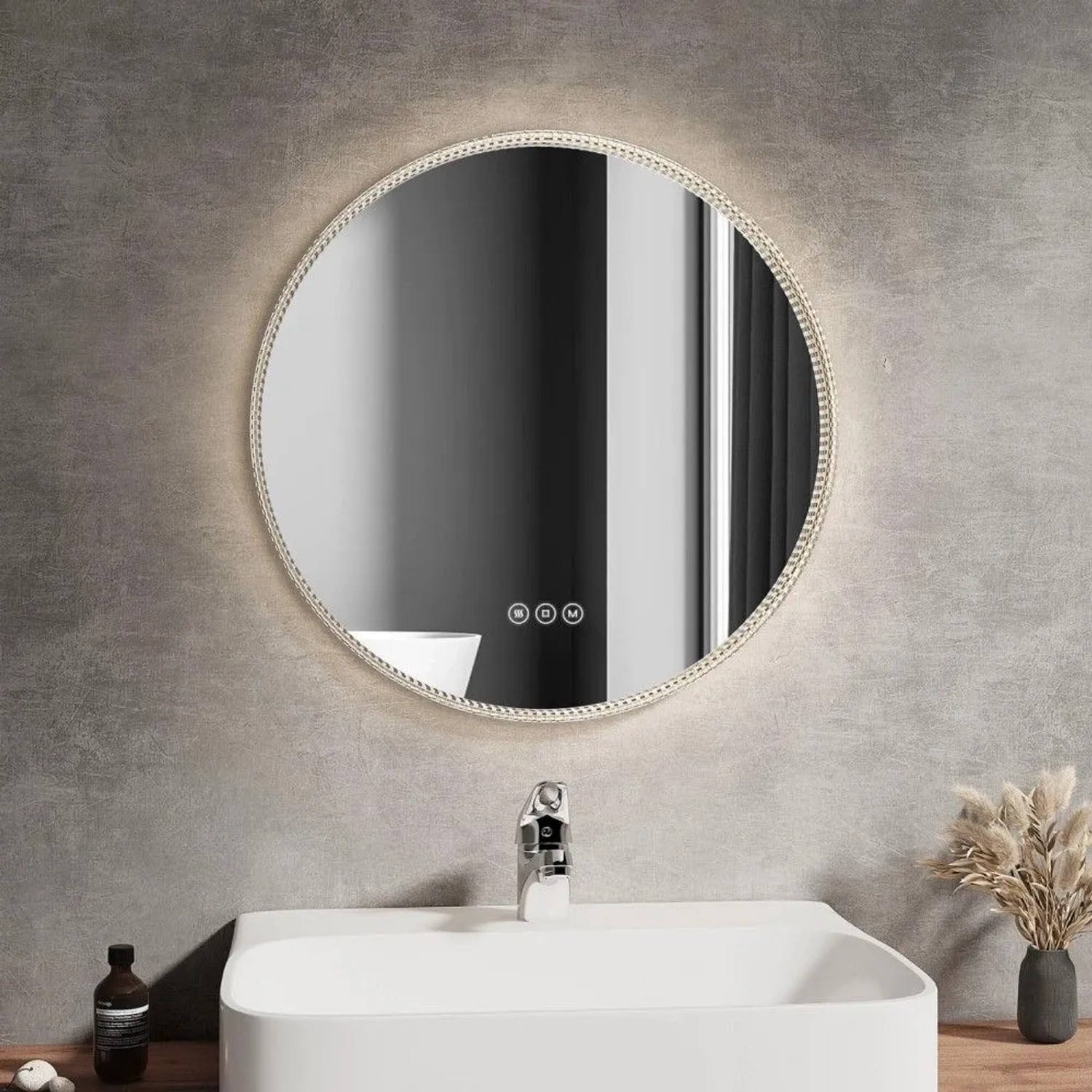 Runder Emke LED Badezimmerspiegel 60 cm mit goldenem Rand, dimmbarer Beleuchtung, Touch-Steuerung und Antibeschlag-Funktion.
