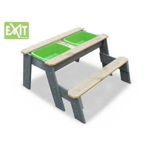 EXIT Aksent Sand-, Wasser- und Picknicktisch mit Bank, graues Holz mit grünen Wannen.