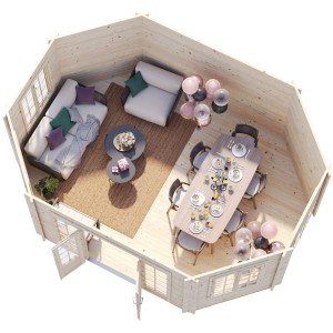 Palmako Holz-Pavillon Hanna, 421/571x222cm, Innenansicht mit Möbeln und Dekoration.