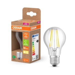 Osram LED-Lampe E27 in Glühlampenform A40, 2.2W, 2700K. Nahaufnahme der klaren Lampe und Verpackung.