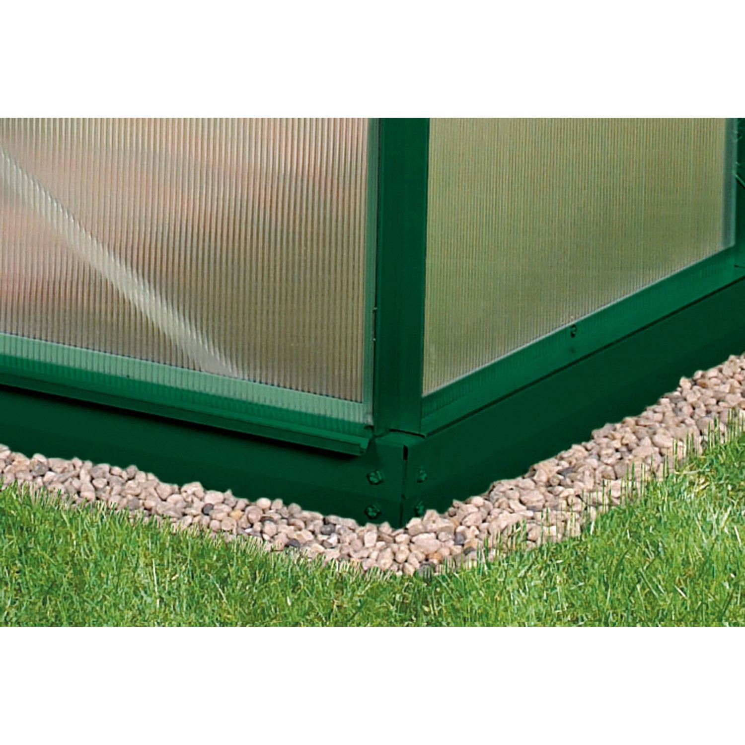 Grünes Stahlfundament Ida 900 für Gewächshäuser, Detailansicht.