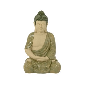 Meditierende Buddhafigur, 60cm hoch, in Natursteinoptik mit grüner Robe. Perfekt für Garten & Terrasse.
