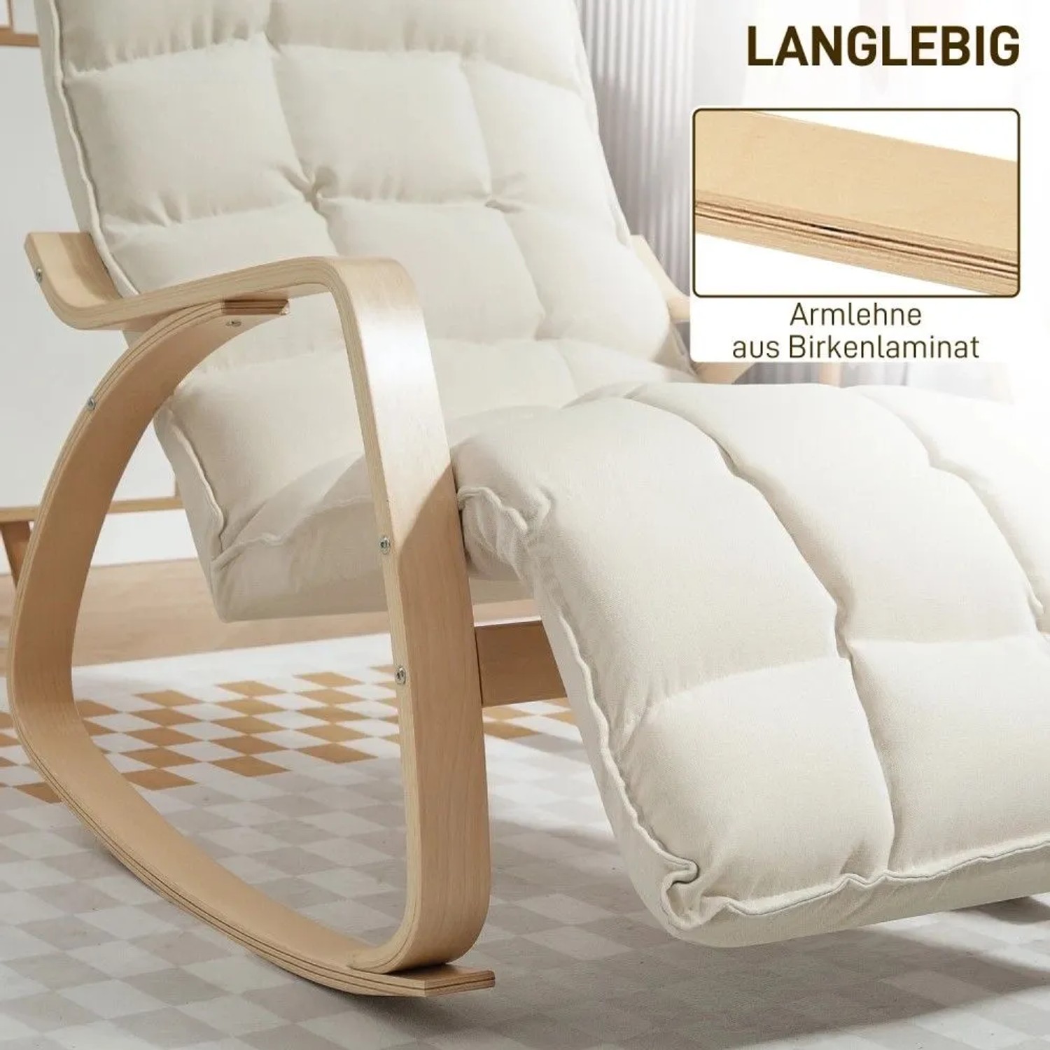 Cremeweißer HOMCOM Schaukelstuhl mit weichen Polstern und geschwungenem Birkenlaminat-Rahmen. Verstellbare Fußstütze.