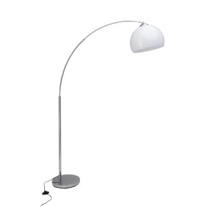 Elegante Bogenlampe Vessa in Chrom-Weiß. Stehleuchte aus Metall und Kunststoff für Wohnzimmer.