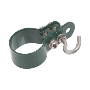 Grüne Geflechtspannstabschelle, 60 mm, zur Zaunmontage mit Haken für Drahtspanner.