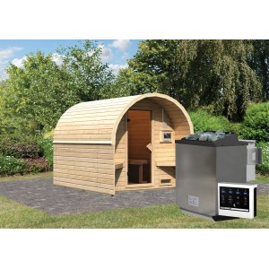 Karibu Fasshaus 2 Saunahaus mit Bio-Ofen (9kW) und externer Steuerung.