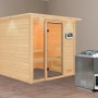 Karibu Sauna Jutta mit Bio-Ofen und LED-Dachkranz aus Naturholz mit Glastür.