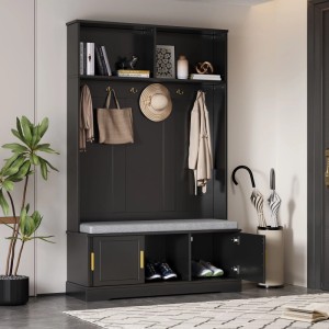 okwish Garderobenständer mit Schuhbank 6 Dreifach-Haken Flur 120x191x40cm Schwarz