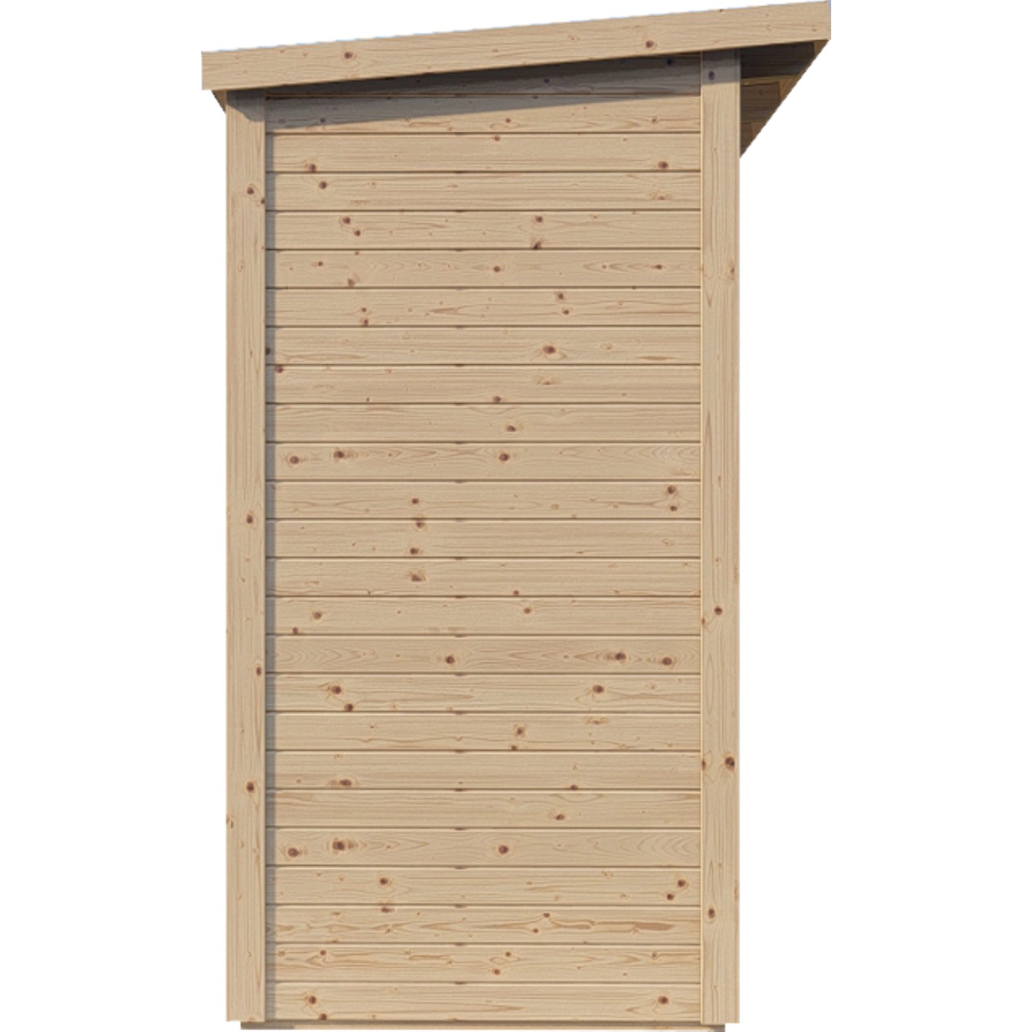 Bertilo Gartenhaus Pentus 1 aus naturbelassenem Holz, Seitenansicht. Kompaktes Holz-Gartenhaus mit Flachdach.