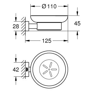 Technische Zeichnung: Grohe Essentials Cube Seifenschale mit Halter, Maße und Details.