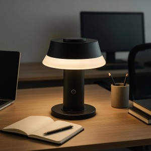 Schwarze Brilliant LED-Tischleuchte Kinich auf Holzschreibtisch. Kabellose, dimmbare Lampe mit warmem Licht für Büro.