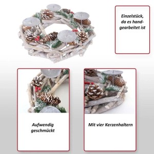 Runder Adventskranz aus Holz (Ø 35cm) mit roten Kerzenhaltern und Tannenzapfen.