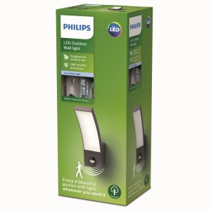 Verpackung der Philips Splay LED Außenwandleuchte in Anthrazit, 24x16cm mit Bewegungssensor.