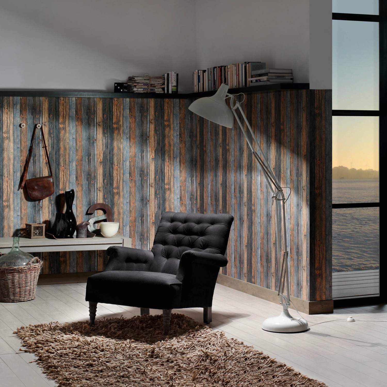 Wohnraum mit A.S. Creation Vliestapete Holzoptik Woodn Stone Bunt FSC® an der Wand.