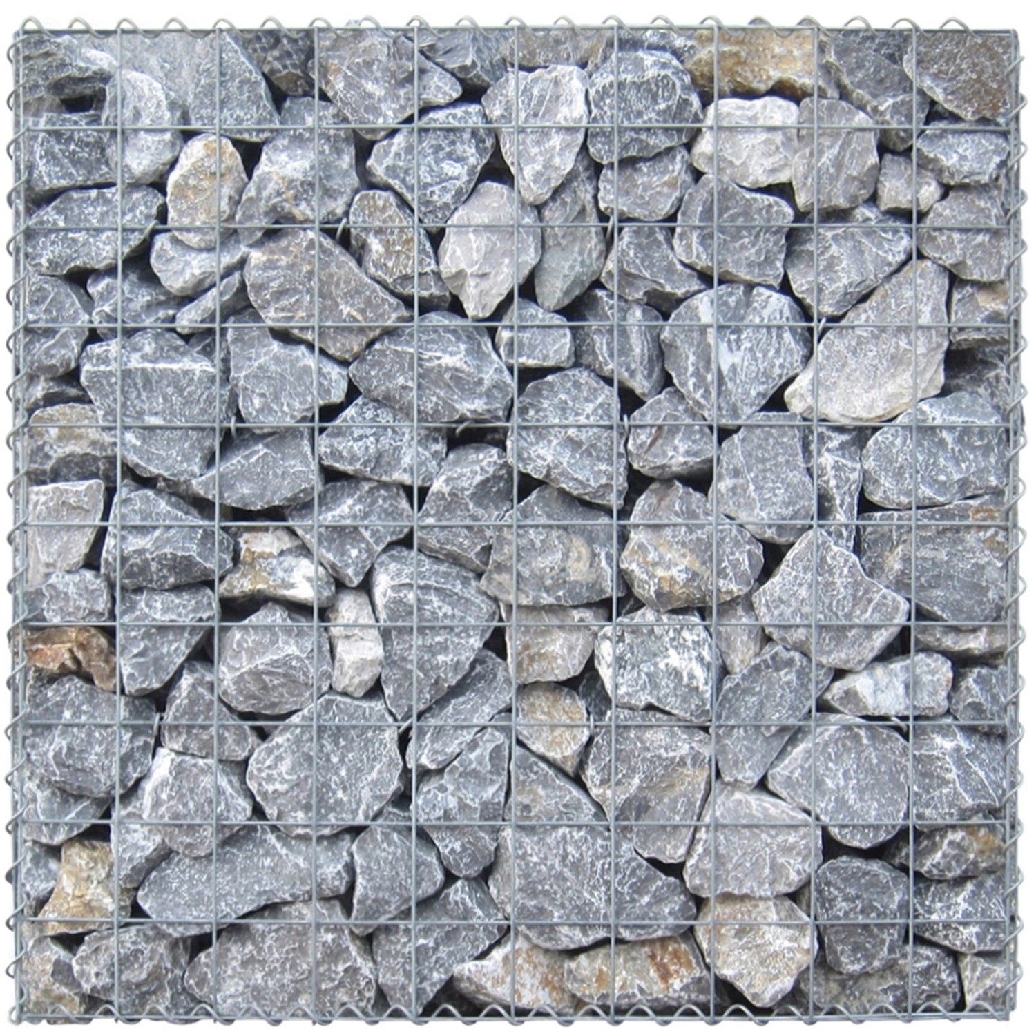 Gabiona Gabione 100x100x30cm gefüllt mit grauen Natursteinen.