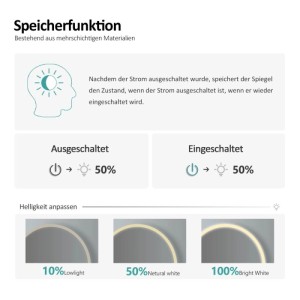 Infografik: Emke LED-Badspiegel mit Speicherfunktion und Helligkeitsregelung (10-100%). Touchschalter.